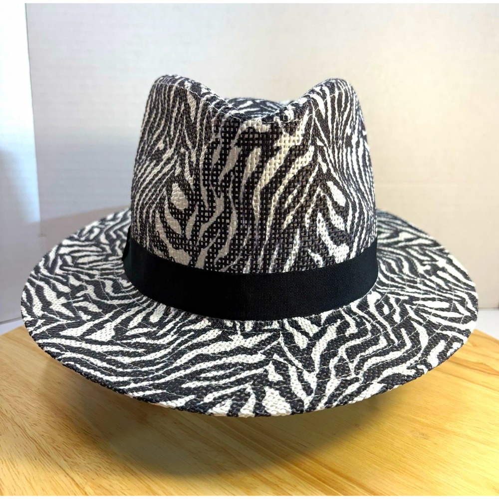 Chico's Women Zebra Animal Print Paper Fedora Hat Wide Brim Black White OS